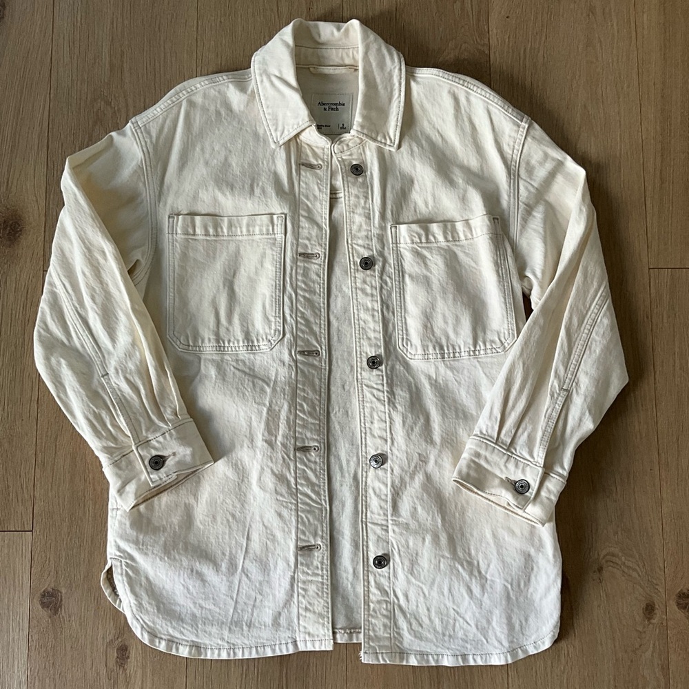 A&F Cream Button-Up Denim Shirt Jacket